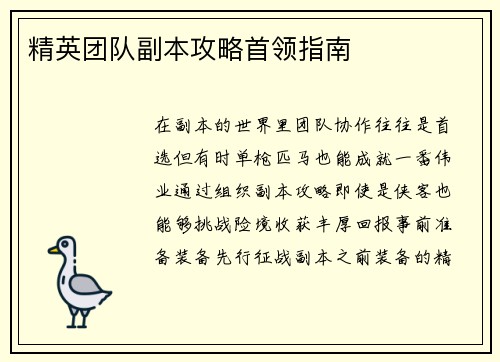 精英团队副本攻略首领指南